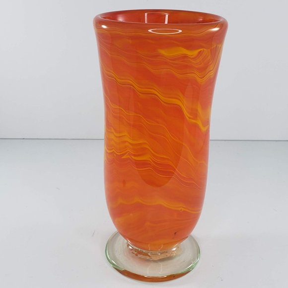 Orange Swirl Art Glass Vase Footed Signed - Picture 1 of 7